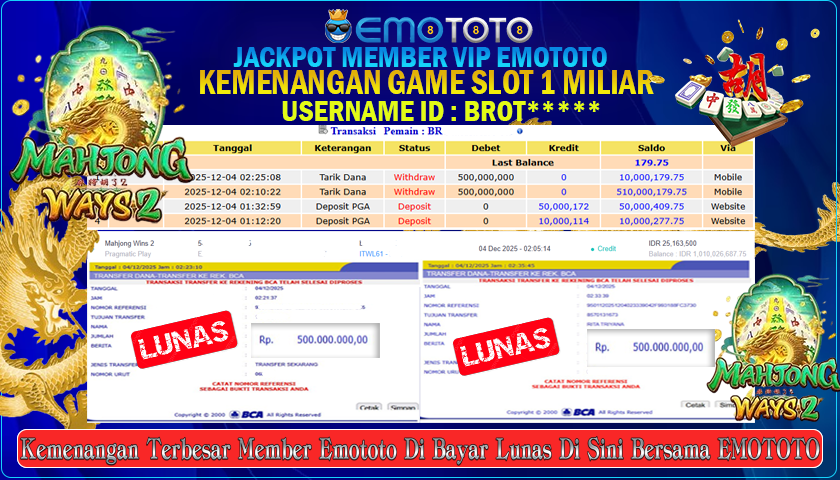 EMOTOTO : BUKTI JACKPOT MEMBER PERMAINAN SLOT PG SOFT (MAHJONG WAYS 2 ) RP 1.000.000.000 DI BAYAR LUNAS LANGSUNG KE REKENING MEMBER